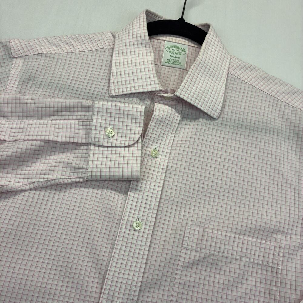 Brooks Brothers Milano Dress Shirt Mens 15-34 Pink Check Non Iron Supima Cotton